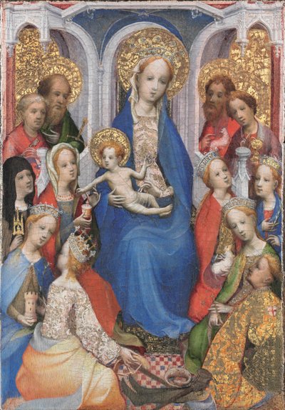 Thronende Jungfrau mit Kind, mit den Heiligen Paulus, Petrus, Klara von Assisi, Maria Magdalena, Barbara, Katharina von Alexandria, Johannes der Täufer, Johannes der Evangelist, Agnes, Cäcilia, Margareta von Antiochia und Georg von Master of Saint Veronica